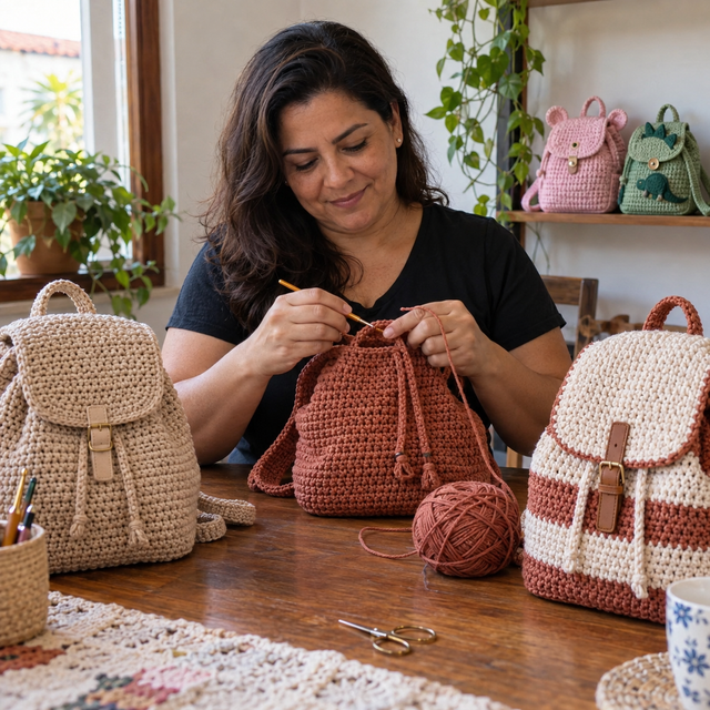 Artesã criando mochilas de crochê