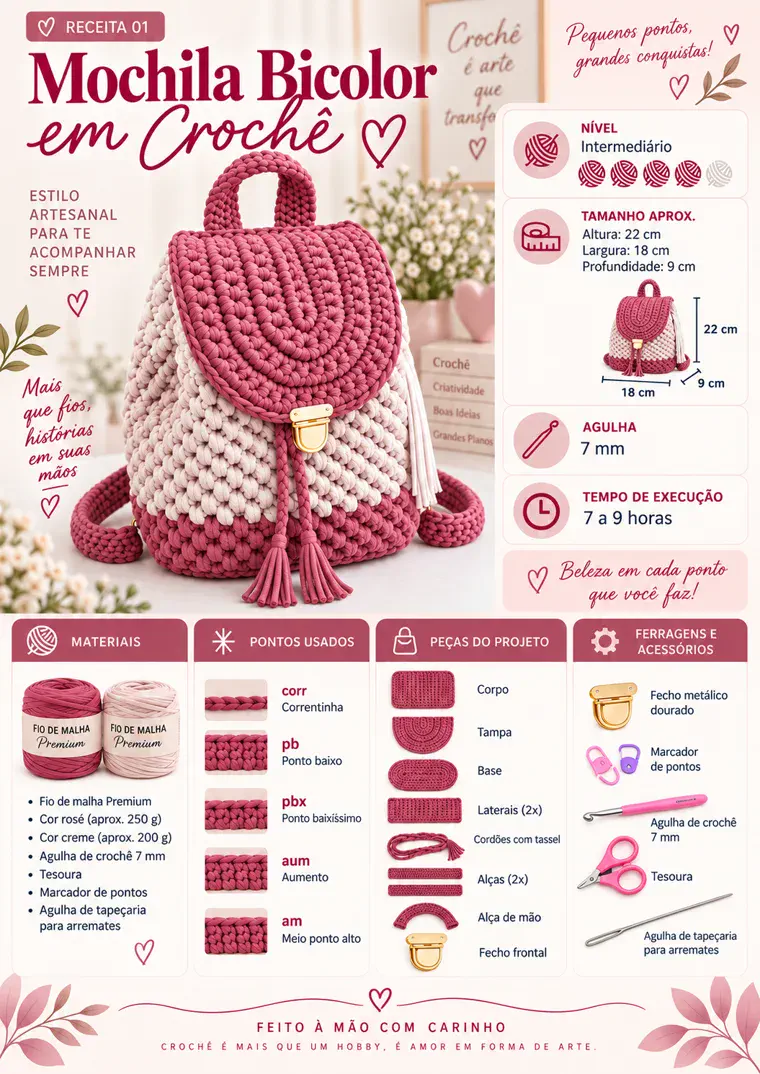 Página 1 da receita: Ficha da Mochila com nível, medidas e materiais