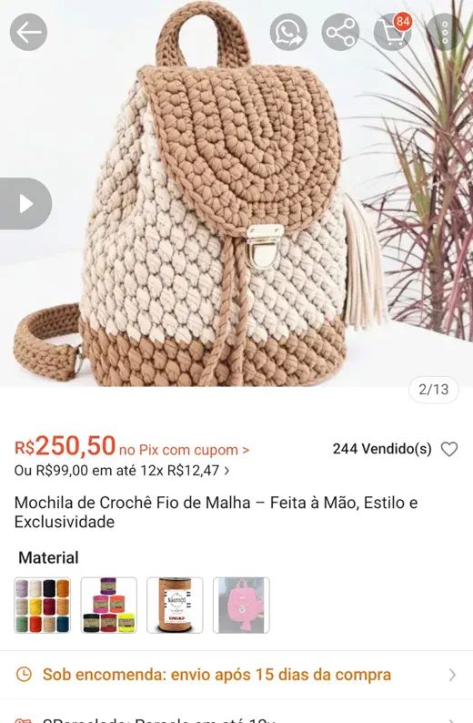 Anúncio Shopee Mochila Fio de Malha R$ 250,50