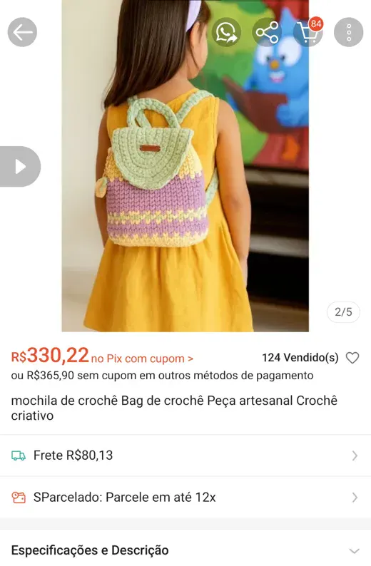 Anúncio Shopee Mochila Infantil Bag R$ 330,22