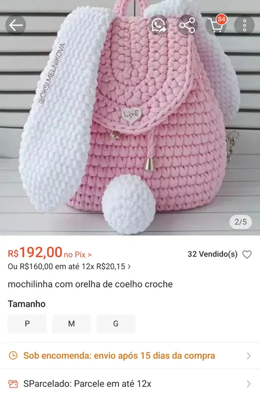 Anúncio Shopee Mochilinha Coelho R$ 192,00