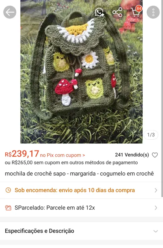 Anúncio Shopee Mochila Sapo e Cogumelo R$ 239,17